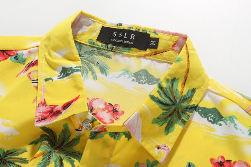 SSLR Mens Hawaiian Shirt Flamingos Casual Short Sleeve Button Down Shirts Aloha Shirt (Medium, Yellow) - Image 3